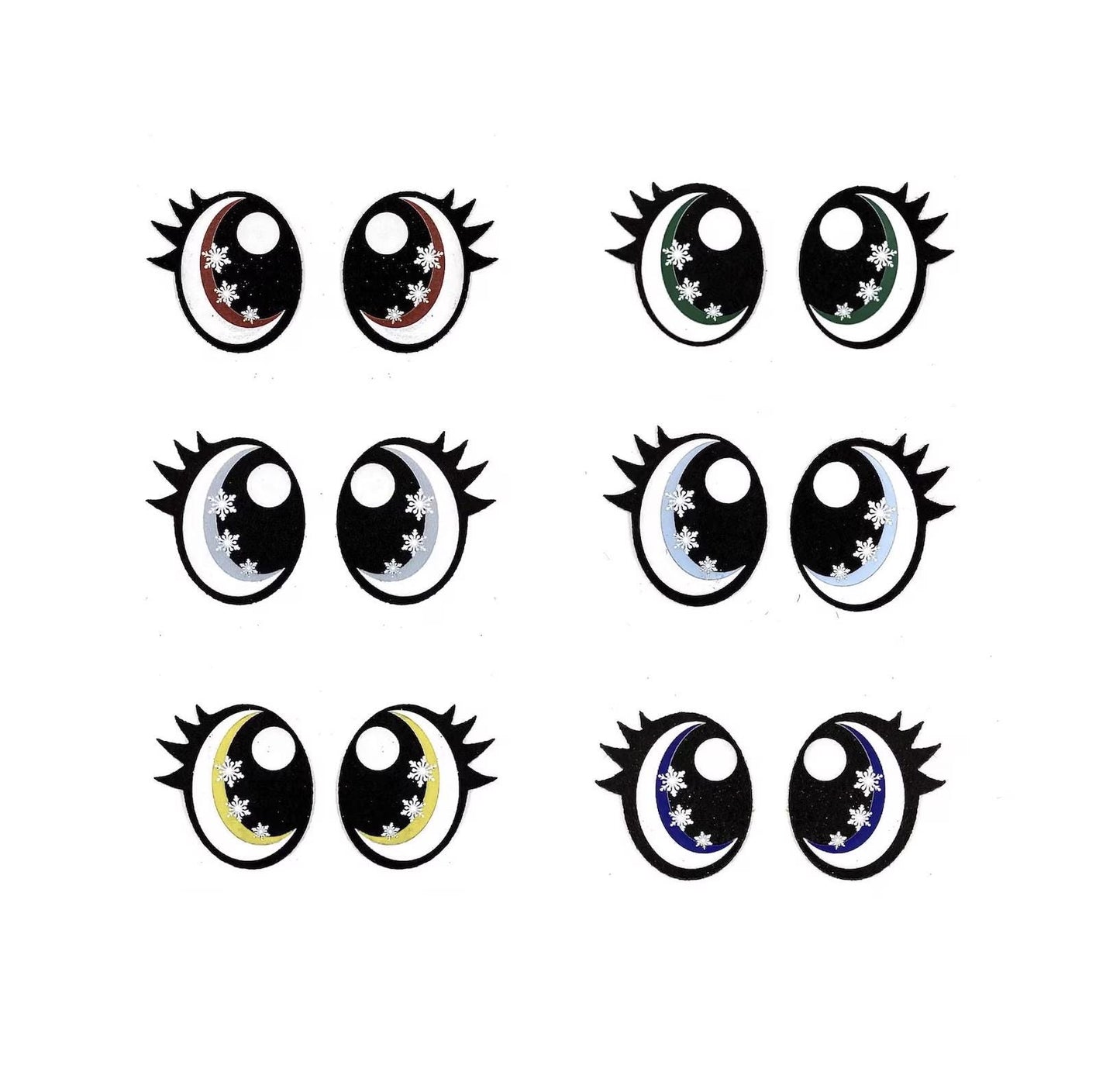 6 Pack of Oval Snowflake Glitter Felt Eyes for Amigurumi, with Lashes, Christmas, Snowman, Multiple Sizes Available
