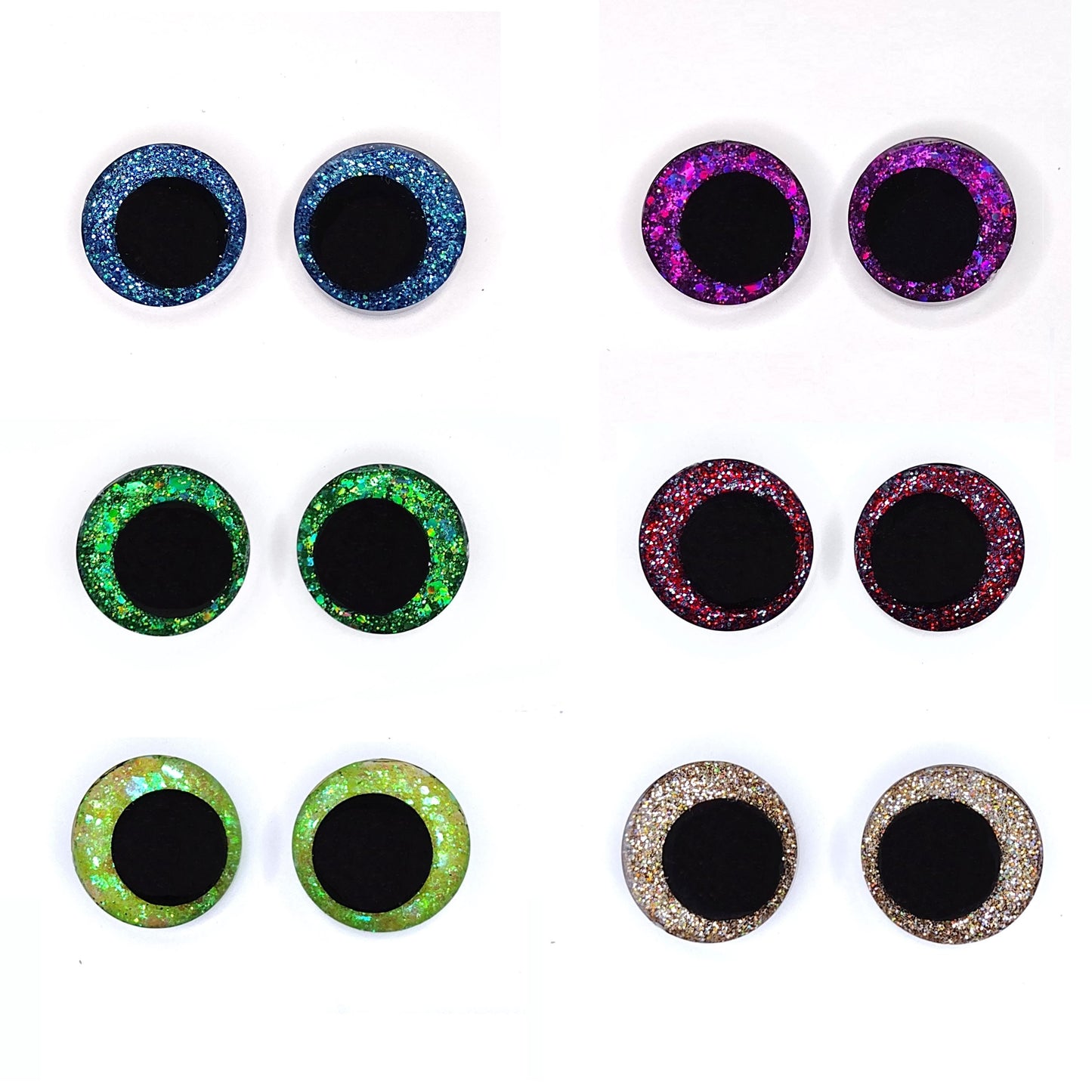 5 Pack Random Glitter Safety Eyes for Amigurumi, Sinker Style, Offset Pupil, 16mm, 18mm, 20mm, 25mm, 35mm