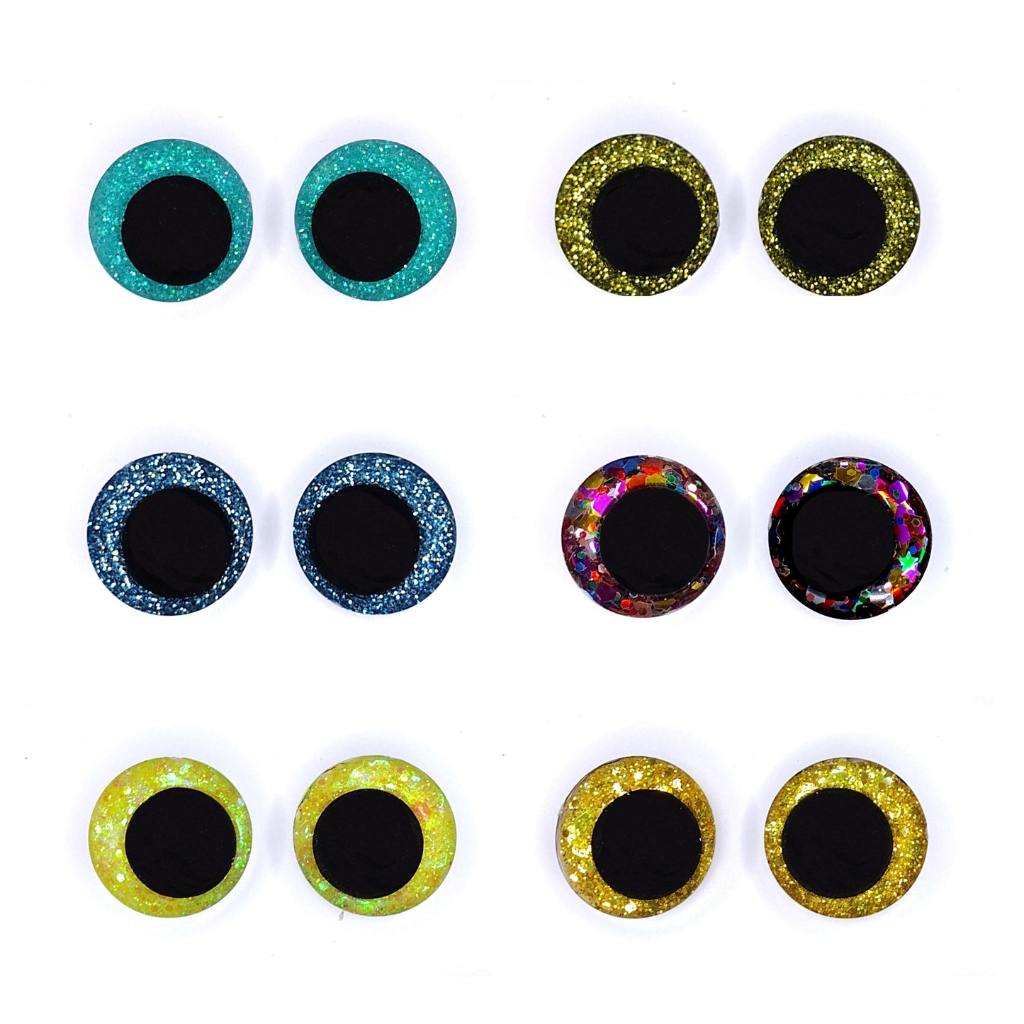 5 Pack Random Glitter Safety Eyes for Amigurumi, Sinker Style, Offset Pupil, 16mm, 18mm, 20mm, 25mm, 35mm