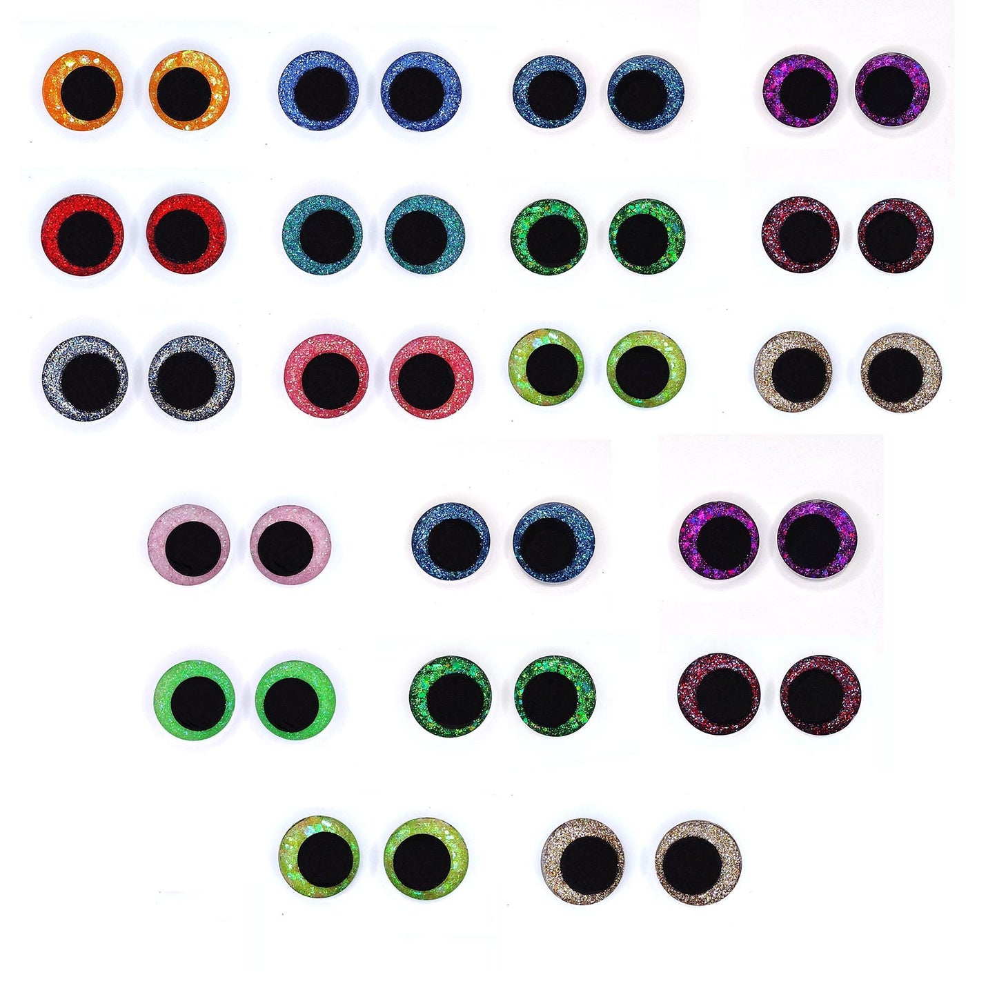 5 Pack Random Glitter Safety Eyes for Amigurumi, Sinker Style, Offset Pupil, 16mm, 18mm, 20mm, 25mm, 35mm