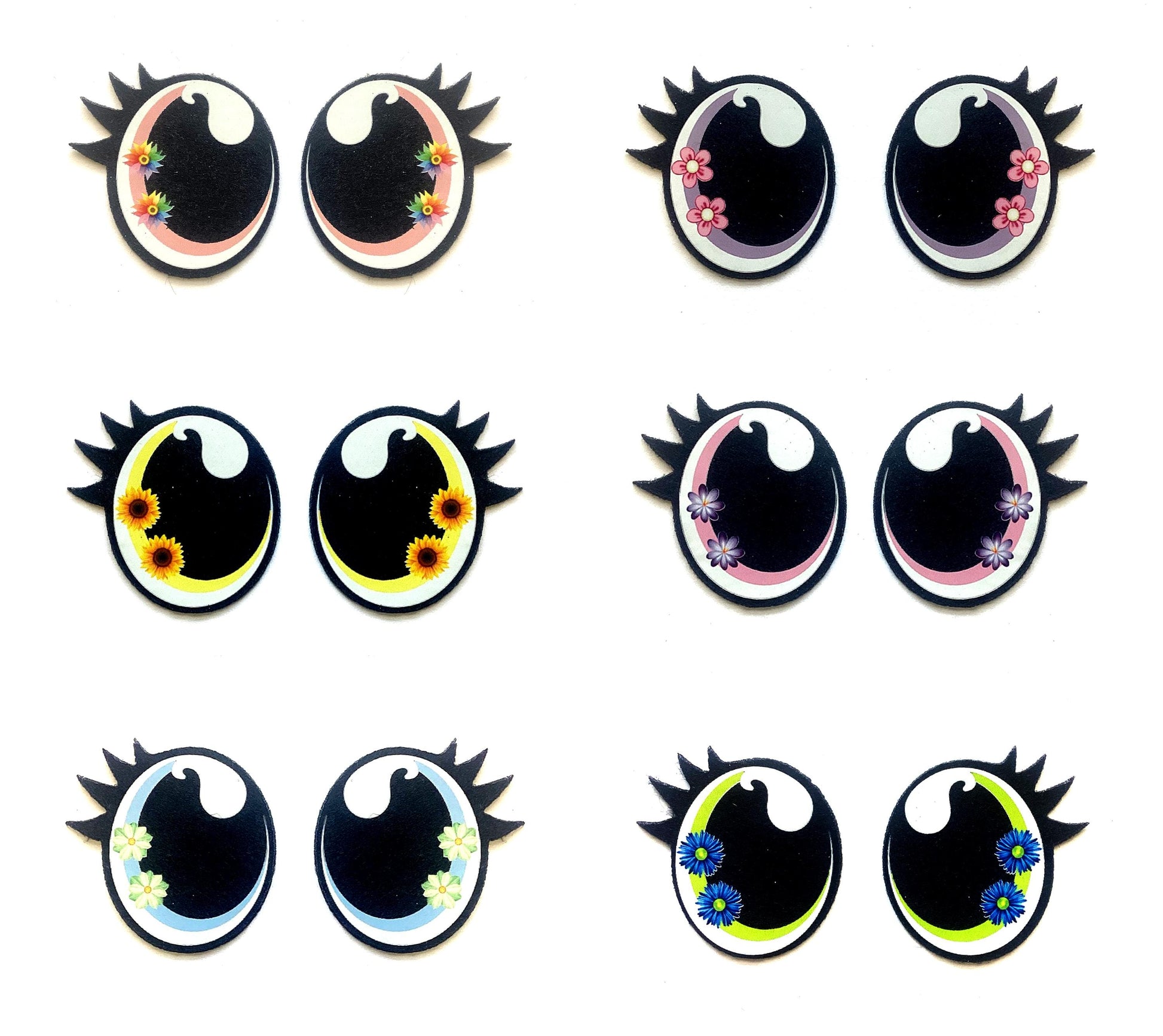 6 Pack of Flower Felt Eyes for Amigurumi, with Lashes, Multiple Sizes Available