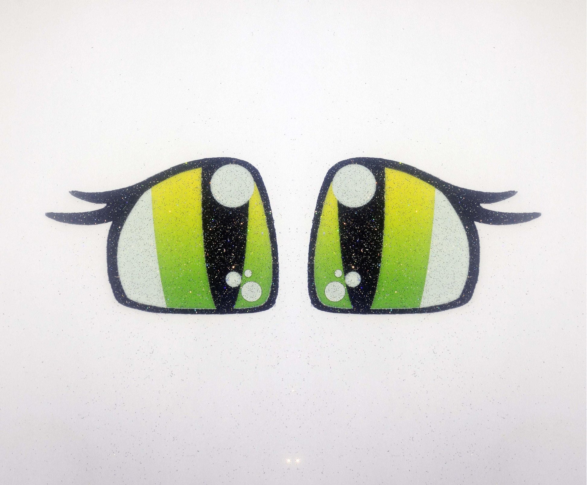 a pair of green eyes with black and white stripes