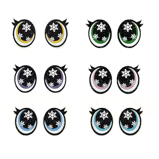 6 Pack of Oval Snowflake Glitter Felt Eyes for Amigurumi, with Lashes, Multiple Sizes Available