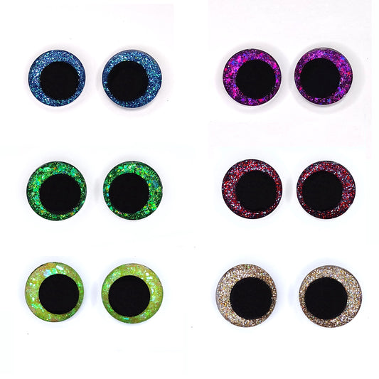 Glitter Safety Eyes for Amigurumi, Sinker Style, Offset Pupil, 16mm, 18mm, 20mm, 25mm, 35mm