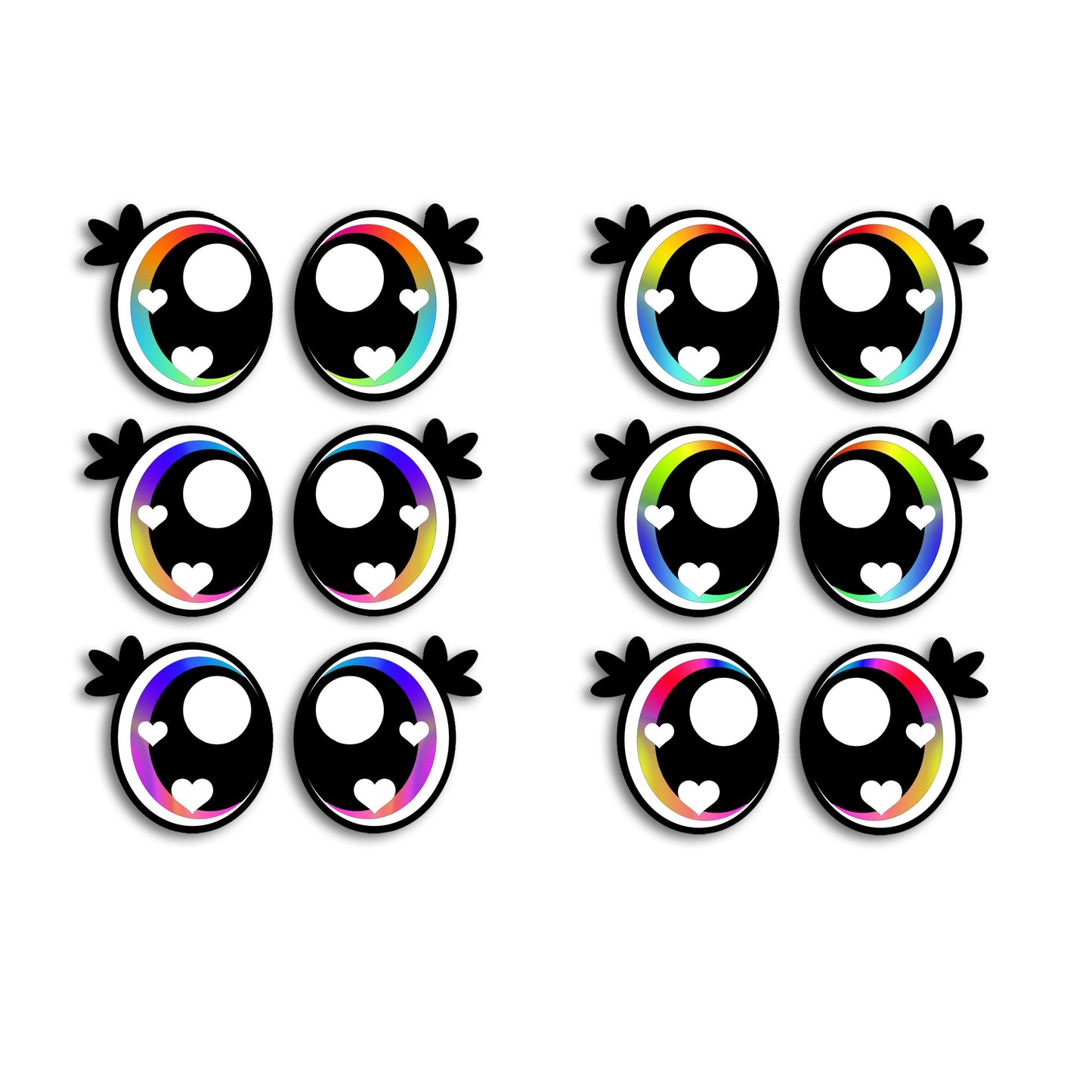 6 Pairs of Felt Amigurumi Eyes with Lashes, Rainbow Kawaii Crochet, Multiple Sizes